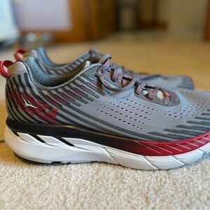 Hoka One One Gray and Red Sneakers